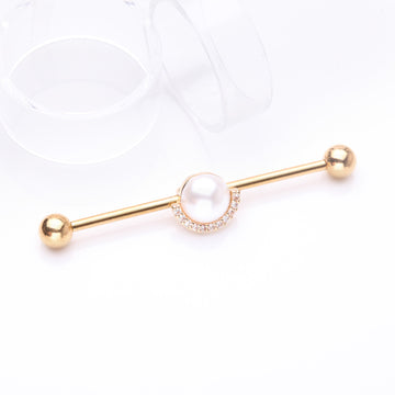 Detail View 1 of Golden Pearlescent Sparkle Crescent Rim Industrial Barbell-Clear Gem
